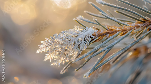 A snowflake resting on a frosty pine needle glistening under a soft winter sun. photo