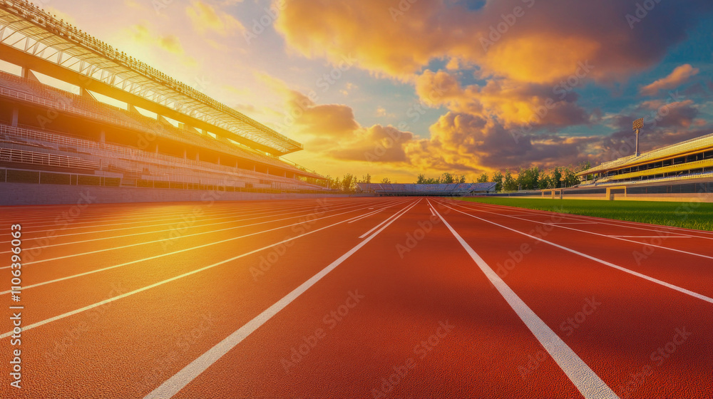 Empty stadium track at sunset with vibrant sky and dramatic clouds Empty stadium track at sunset with vibrant sky and dramatic clouds