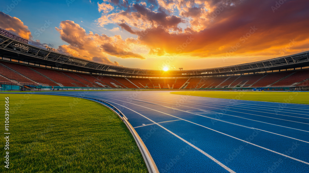 Scenic sunset over empty outdoor stadium with blue running track Scenic sunset over empty outdoor stadium with blue running track