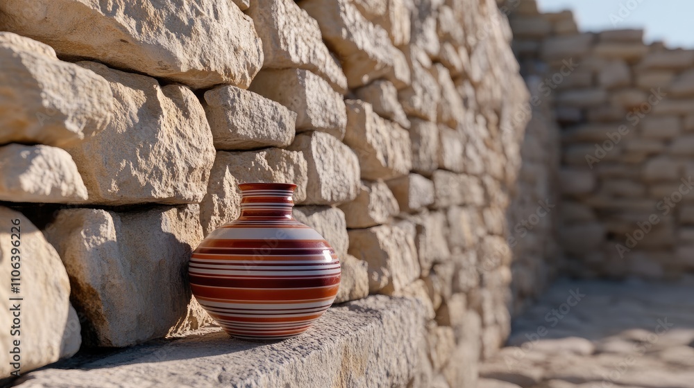 Sunlight softly shines through behind an ancient Roman jar on a stone wall, highlighting its rich textures and colors in a tranquil setting