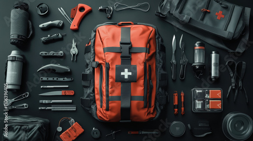 Survival gear mockup with multitools and first aid kits