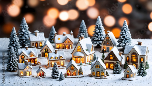 A cozy Christmas stock image featuring a snowy village of glowing ceramic houses, warm lights, miniature Christmas trees, and a soft winter twilight with festive bokeh effects in the background. photo