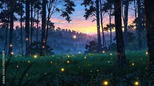 Lofi Animation of Fireflies in a Serene Forest Clearing at Twilight