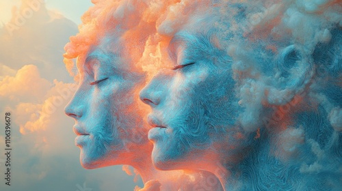 Two serene faces emerge from ethereal clouds at sunset, symbolizing unity and tranquility.