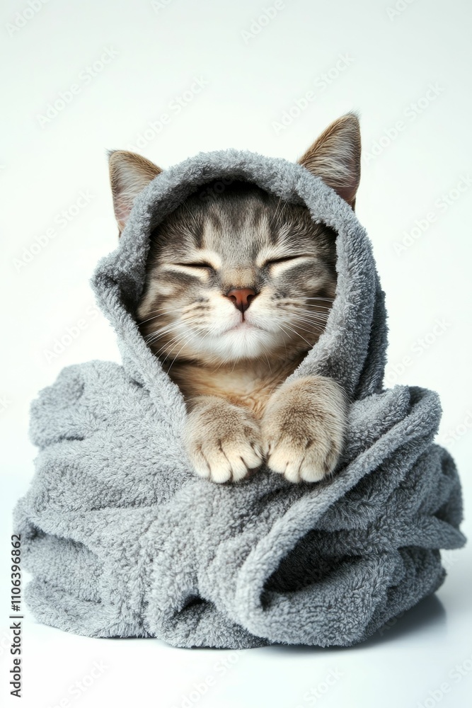 Serene kitten nestled in soft gray fabric. Serene kitten nestled in soft gray fabric.