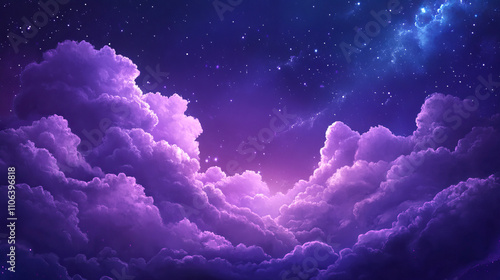 Starry night sky with luminous purple clouds and twinkling stars photo