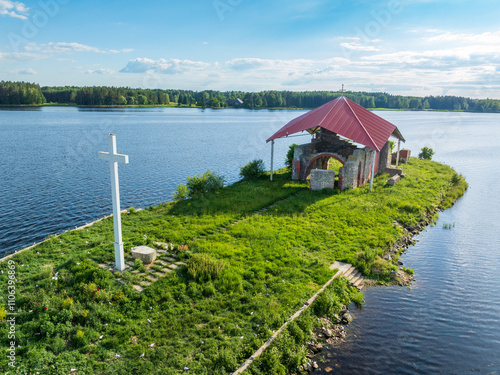 Ikskile church ruins on the St Meinard island in Latvia photo