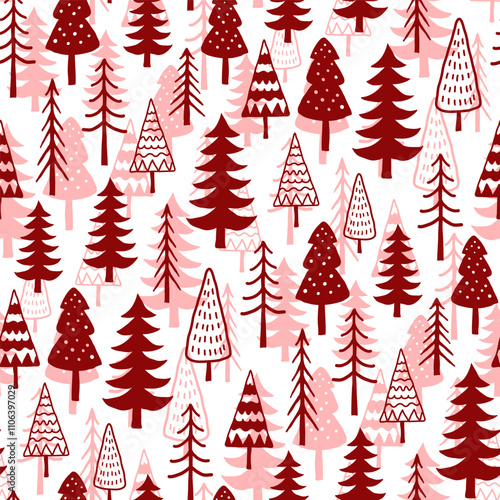 Small different red christmas trees isolated on white background. Cute seamless pattern. Vector simple flat graphic hand drawn illustration. Texture.