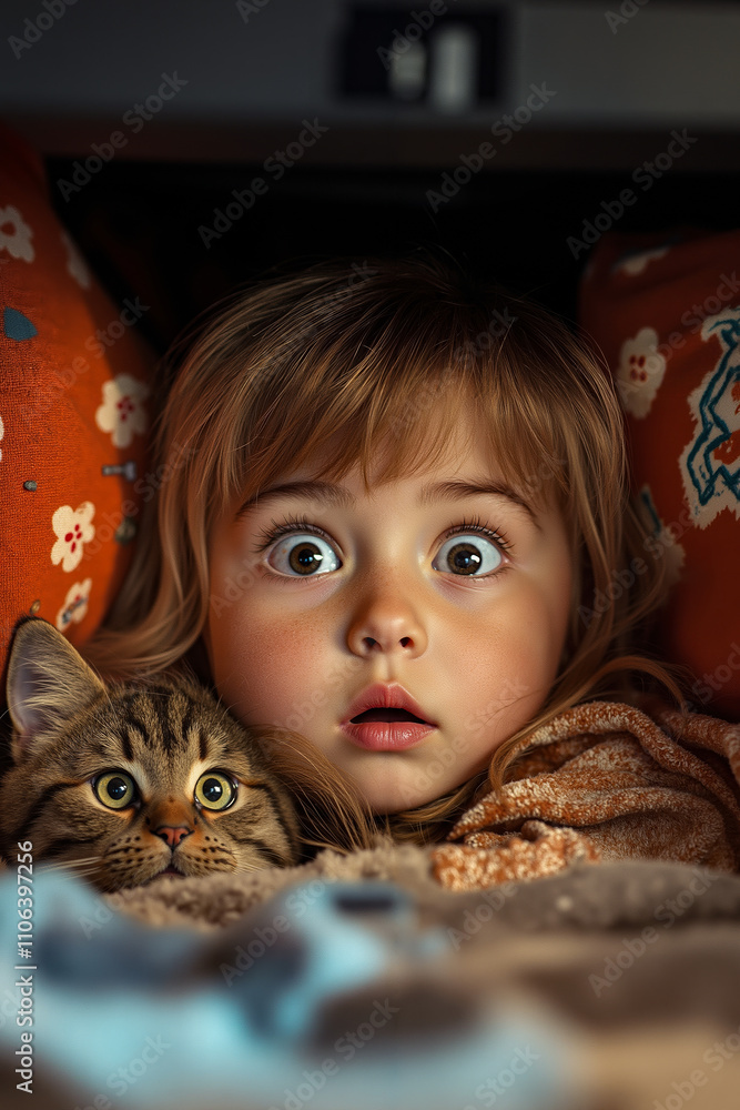 A little girl laying in bed with a cat