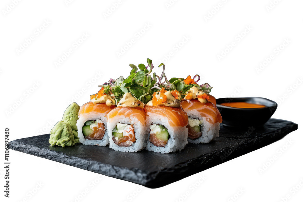 Fresh sushi rolls topped with slices of salmon and garnished with herbs served on a black slate plate, perfect for a gourmet experience Fresh sushi rolls topped with slices of salmon and garnished with herbs served on a black slate plate, perfect for a gourmet experience