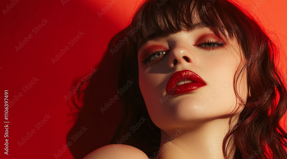 Fototapeta premium Model poses with bold makeup against a striking red background showcasing beauty and confidence