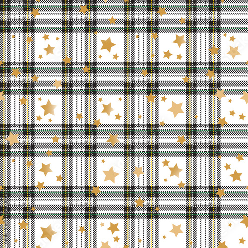 Tartan pattern with stars. Scottish checkered background. Traditional scottish ornament. Seamless fabric texture. Christmas new year decor. Vector illustration