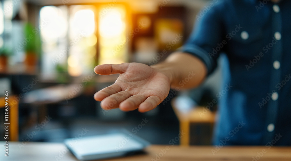 Hand reaching out for a handshake in a modern workspace at sunset, showing collaboration and connection Hand reaching out for a handshake in a modern workspace at sunset, showing collaboration and connection