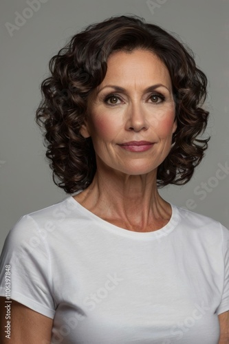 middle aged woman, dark brown curled hair, white T-shirt