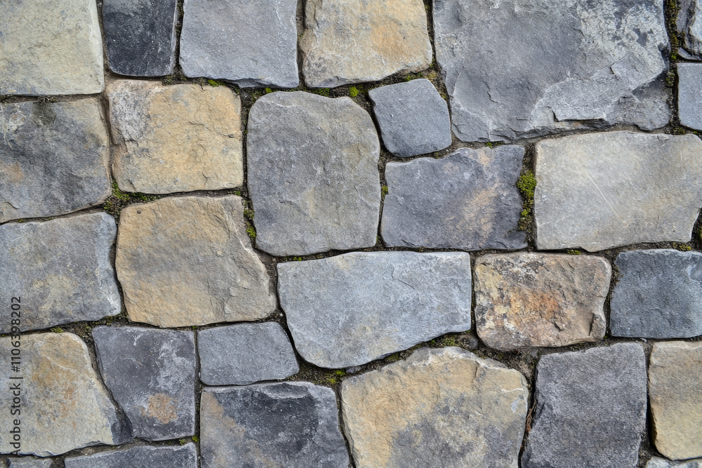Textured cobblestone texture, uneven gray stones with light moss accents, aged and tactile