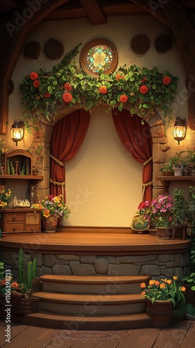 Wallpaper Mural A charming stone porch with red curtains and a stained glass window. Torontodigital.ca