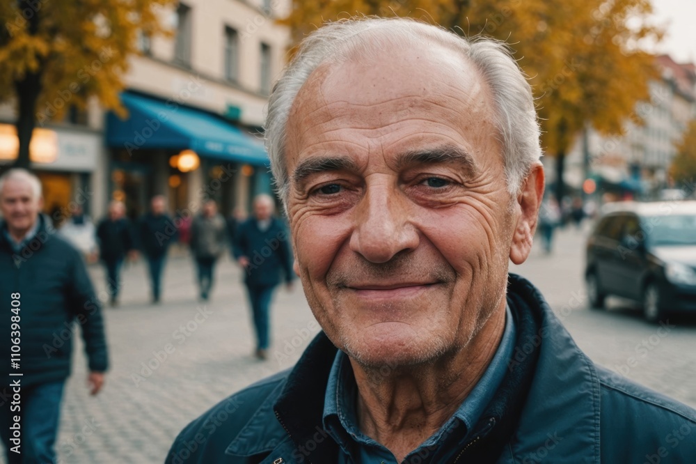 Close portrait of a smiling senior Kosovar man looking at the camera, Kosovar city outdoors blurred background Close portrait of a smiling senior Kosovar man looking at the camera, Kosovar city outdoors blurred background