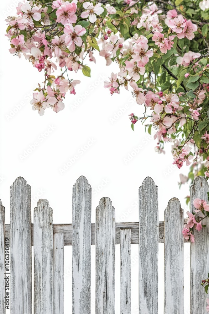 Fototapeta premium Pink blossoms frame weathered white fence.