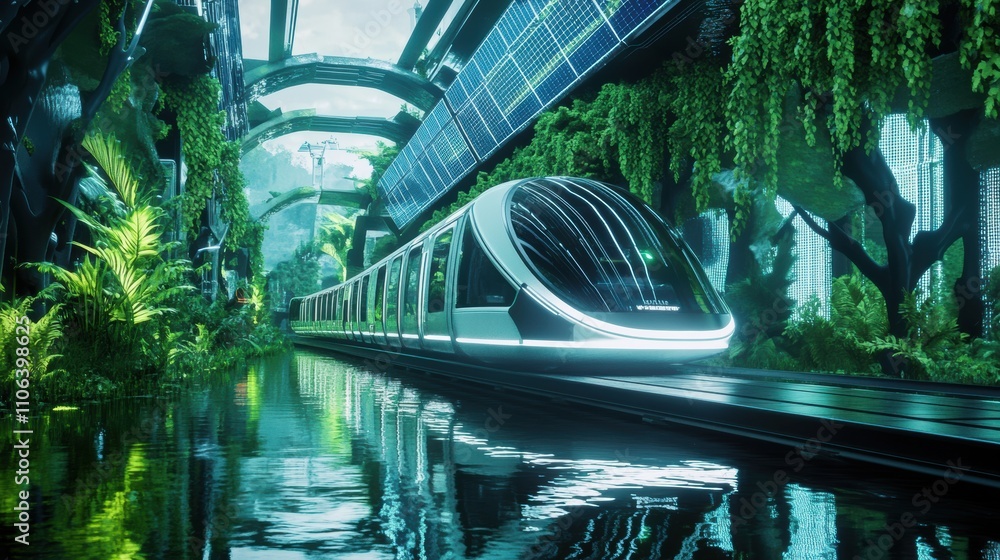 Eco-Friendly High-Speed Train in a Lush Tropical City, Solar-Powered and Reflecting on Serene Waters
Eco-Friendly High-Speed Train in a Lush Tropical City, Solar-Powered and Reflecting on Serene Waters