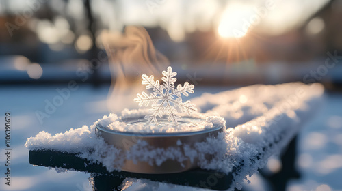 A snowflake melting on a steaming coffee cup lid on a snowy park bench.