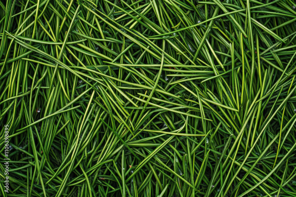 Textured pine needle close-up, dense green strands overlapping naturally with tiny drops of dew, detailed and fresh Textured pine needle close-up, dense green strands overlapping naturally with tiny drops of dew, detailed and fresh