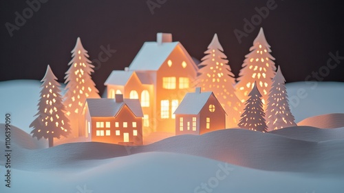 Beautifully crafted paper-cut houses and trees create a charming Christmas village illuminated by soft, warm lights in winter. Generative AI photo