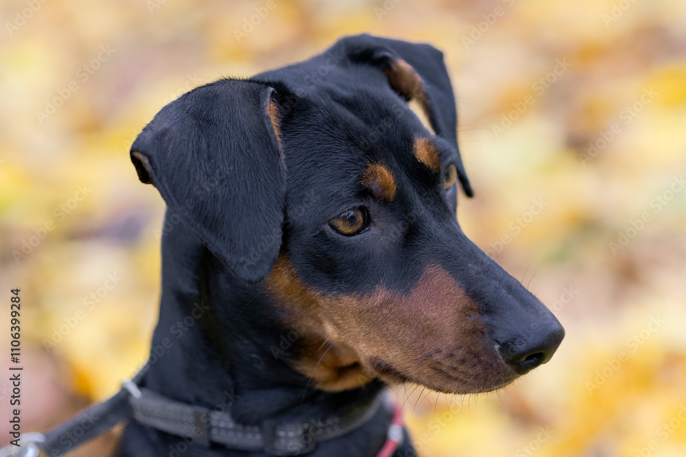 German Pinscher dog, black and tan, close-up portrait on yellow autumn background German Pinscher dog, black and tan, close-up portrait on yellow autumn background
