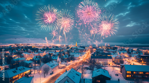 A stunning New Years Eve celebration in Reykjavik with fireworks lighting up snowy rooftops.