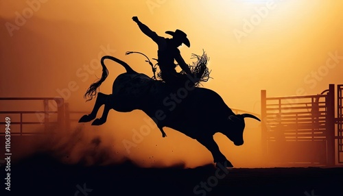 A rodeo cowboy riding a bucking bull, silhouette, action photography, aesthetics,