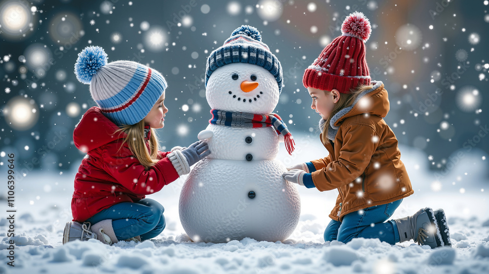 Two children building a snowman in the snow Two children building a snowman in the snow