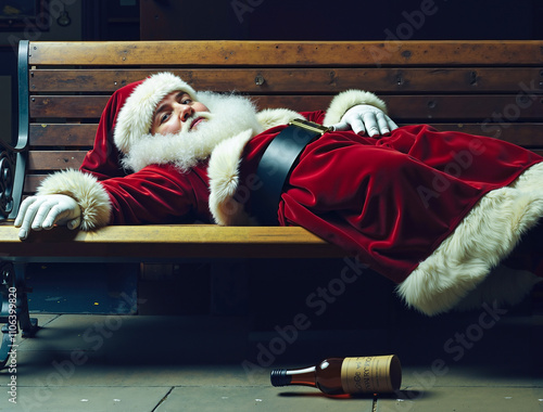 A man in a santa suit laying on a bench next to a bottle of wine photo