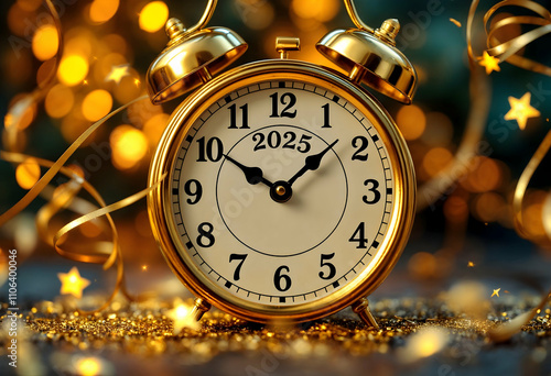 Elegant Golden Clock Striking Midnight for New Year 2025