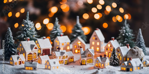 A cozy Christmas stock image featuring a snowy village of glowing ceramic houses, warm lights, miniature Christmas trees, and a soft winter twilight with festive bokeh effects in the background. photo