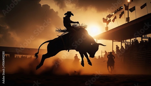 A rodeo cowboy riding a bucking bull, silhouette, action photography, aesthetics,