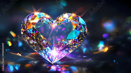 Exquisite heartshaped diamond refracting light in a prismatic display against a velvety black background symbolizing luxury and romance. Prismatic. Illustration photo