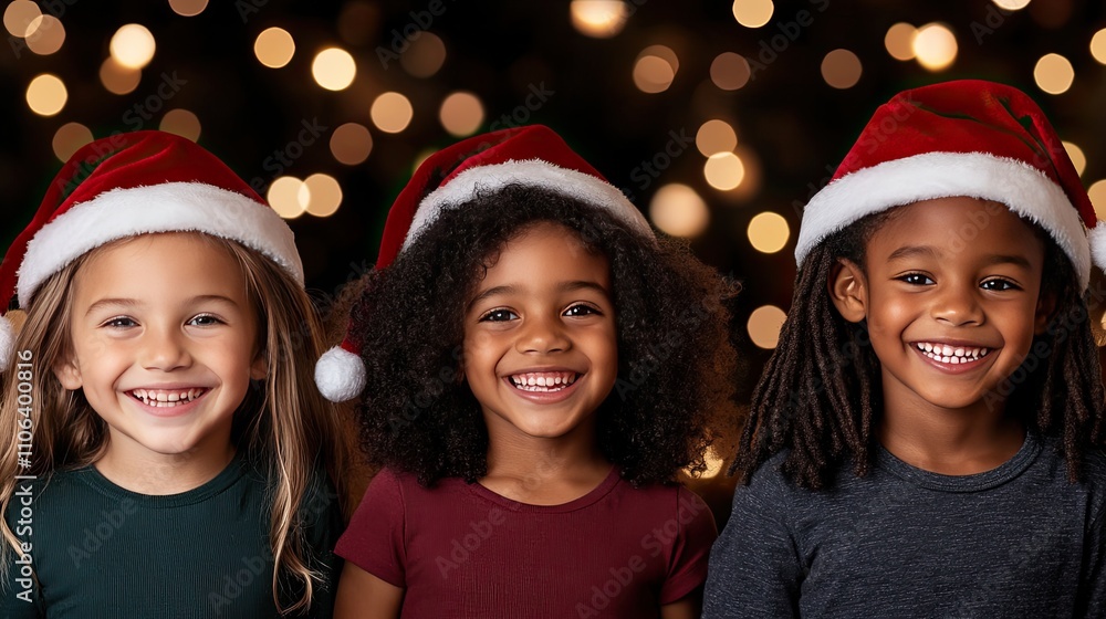 A cheerful group of children in elf outfits smile warmly, capturing the spirit of Christmas at a festive gathering surrounded by lights A cheerful group of children in elf outfits smile warmly, capturing the spirit of Christmas at a festive gathering surrounded by lights