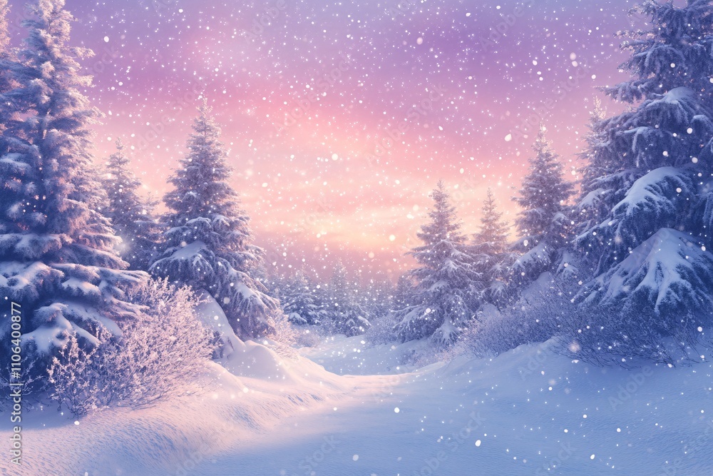 Fototapeta premium A magical winter landscape with snowy green fir trees, glowing auroras in the sky, soft pink and purple hues, serene atmosphere, close-up perspective 1