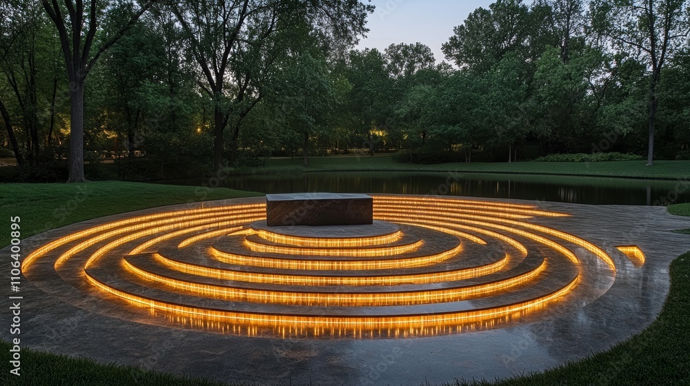 A circular stone platform with illuminated steps surrounds a central stone slab in a tranquil garden setting. A circular stone platform with illuminated steps surrounds a central stone slab in a tranquil garden setting.