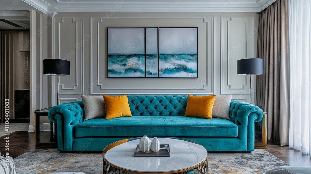 Fototapeta premium Turquoise sofa and big posters. Interior design of modern living room. .