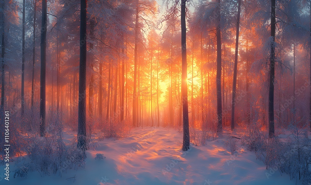 A panoramic image capturing the dense, frost-covered forest at sunset