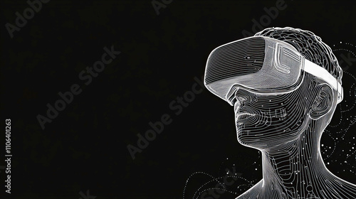 Futuristic male with vr headset in digital line art on black background