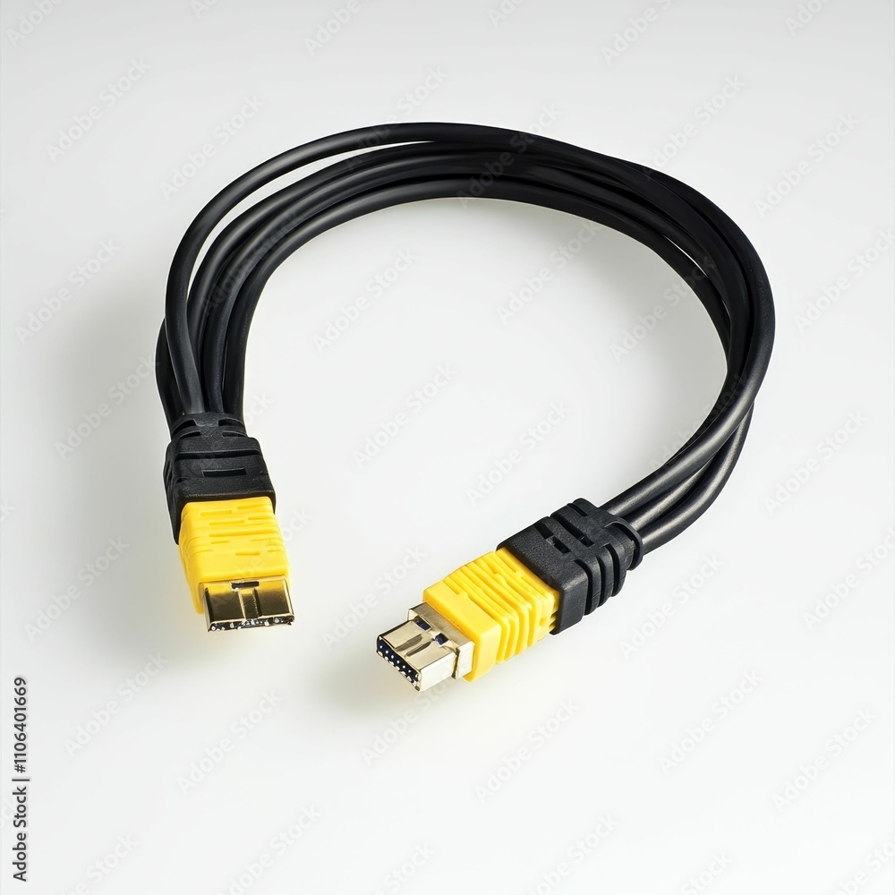 Black cable with yellow connectors; coiled on white. Black cable with yellow connectors; coiled on white.