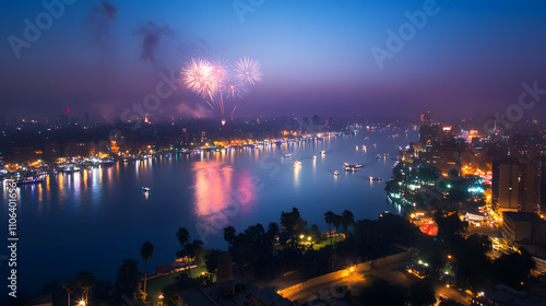 A vibrant New Years Eve in Cairo with fireworks above the Nile and cityscape views.