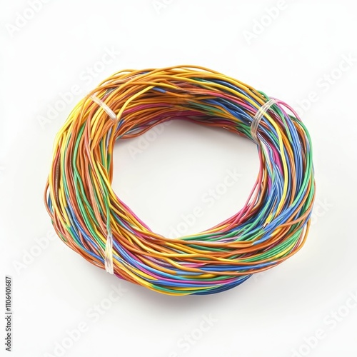 Colorful wires coiled in a circle on white.