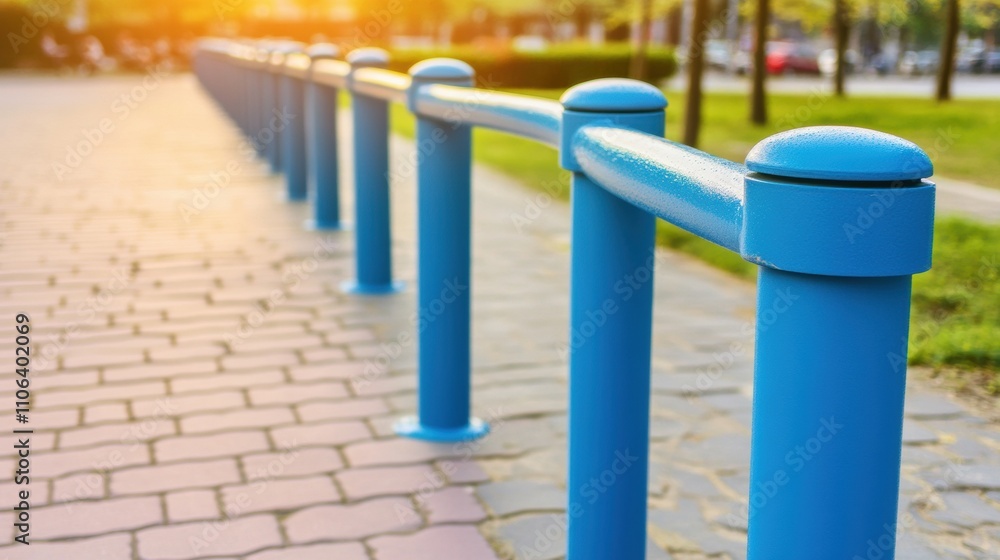 Blue bollards line a sunlit pathway, creating a vibrant urban scene, AI Blue bollards line a sunlit pathway, creating a vibrant urban scene, AI