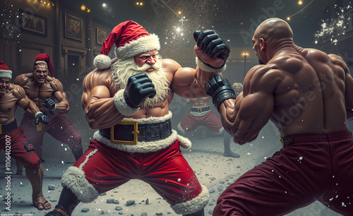 A group of men dressed as Santa Claus fighting in a boxing ring photo