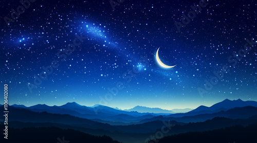 Nachthimmel über Bergen mit Sternen und schmalem Mond

