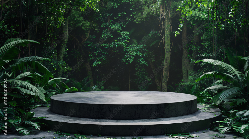 Minimal Empty Podium in a Dense Forest Backdrop, A clean, minimalist podium placed amidst the lush greenery of a dense forest. Surrounded by towering trees and rich foliage, the podium offers a serene Minimal Empty Podium in a Dense Forest Backdrop, A clean, minimalist podium placed amidst the lush greenery of a dense forest. Surrounded by towering trees and rich foliage, the podium offers a serene