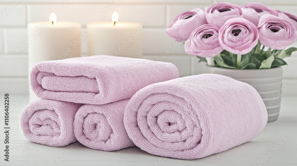 Soft pink towels and flowers create a serene spa-like atmosphere, AI Soft pink towels and flowers create a serene spa-like atmosphere, AI