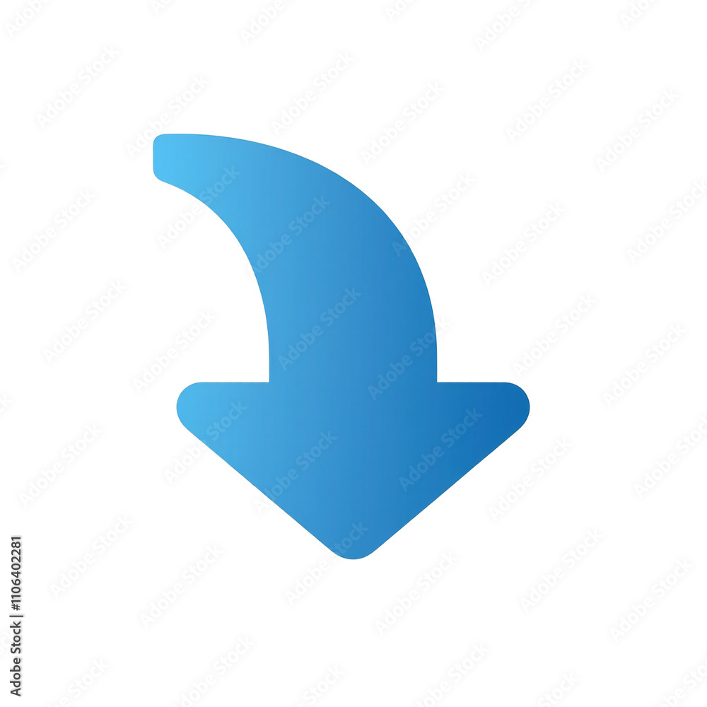 Bold blue downward curving arrow with a thick matte finish Bold blue downward curving arrow with a thick matte finish